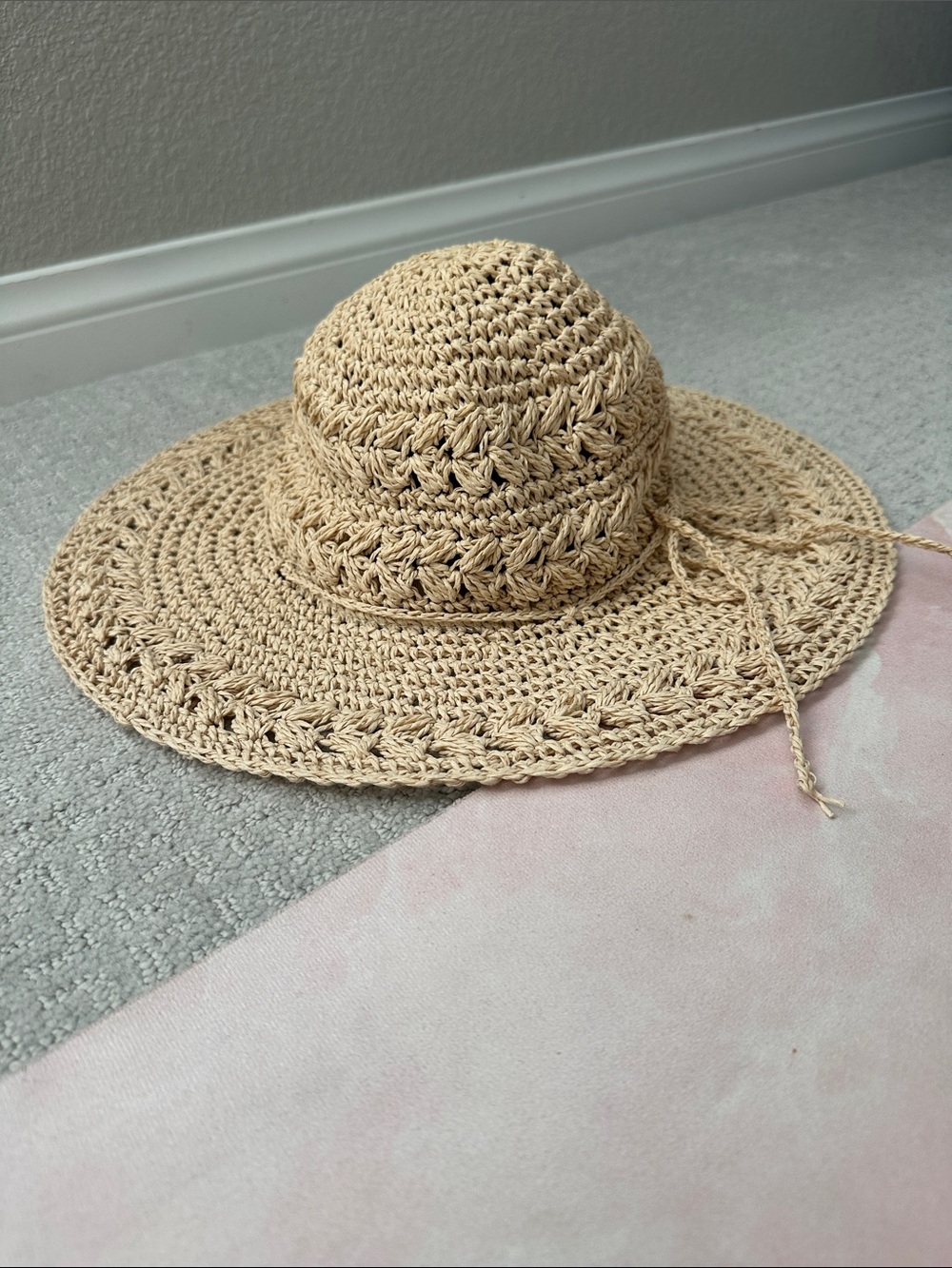 Handwoven Cream Crochet Sun Hat with Tie - Women's Summer Straw Hat